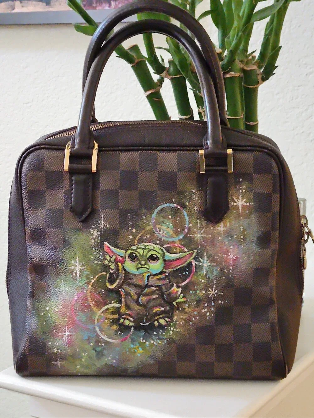 LOUIS VUITTON Damier Ebene Brera Customized Painted Baby Yoda Image